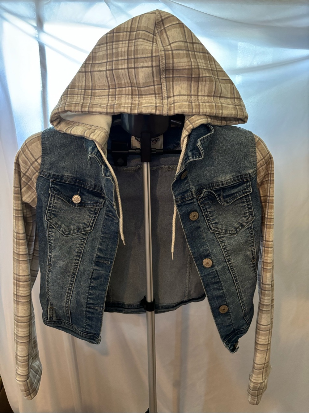 Wallflower Blue Denim Jacket with Beige Plaid Hood & Sleeves